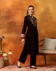 Velvet Zari Embroidered Kurta Set with Elasticated Palazzo