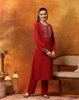 Wool Blend Calf-Length Kurta Set with Round Neck & Thread Embroidery