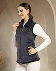 Velour Fur Sleeveless Jacket with Structured Collar & Zipper Closure