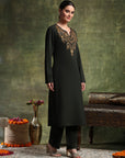 Denim Wool Kurta Set with Thread Embroidery & Palazzo