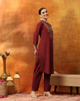 Cotton Blend Zari Embroidered Kurta Set with Embroidered Organza Cuffs & Elasticated Palazzo
