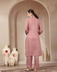 Rayon Kurta Set with Embroidered Mandarin Collar, Full Sleeves & Stitched-Hem Palazzo