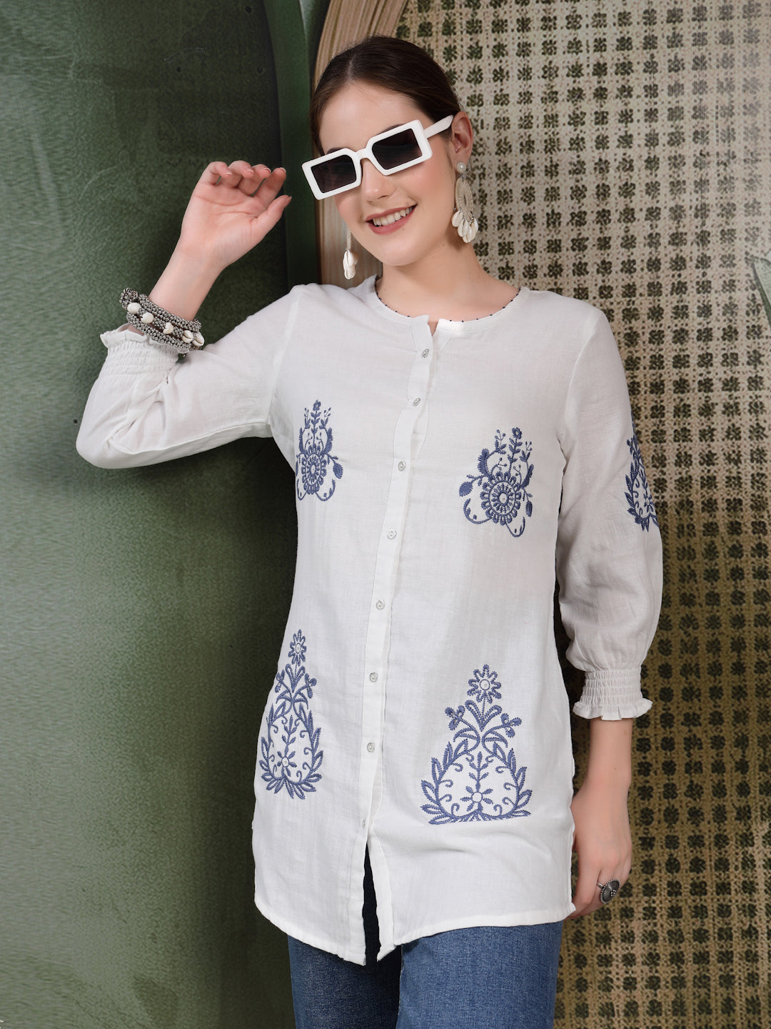 Solid Embroidered Above Knee Cotton Tunic for Women