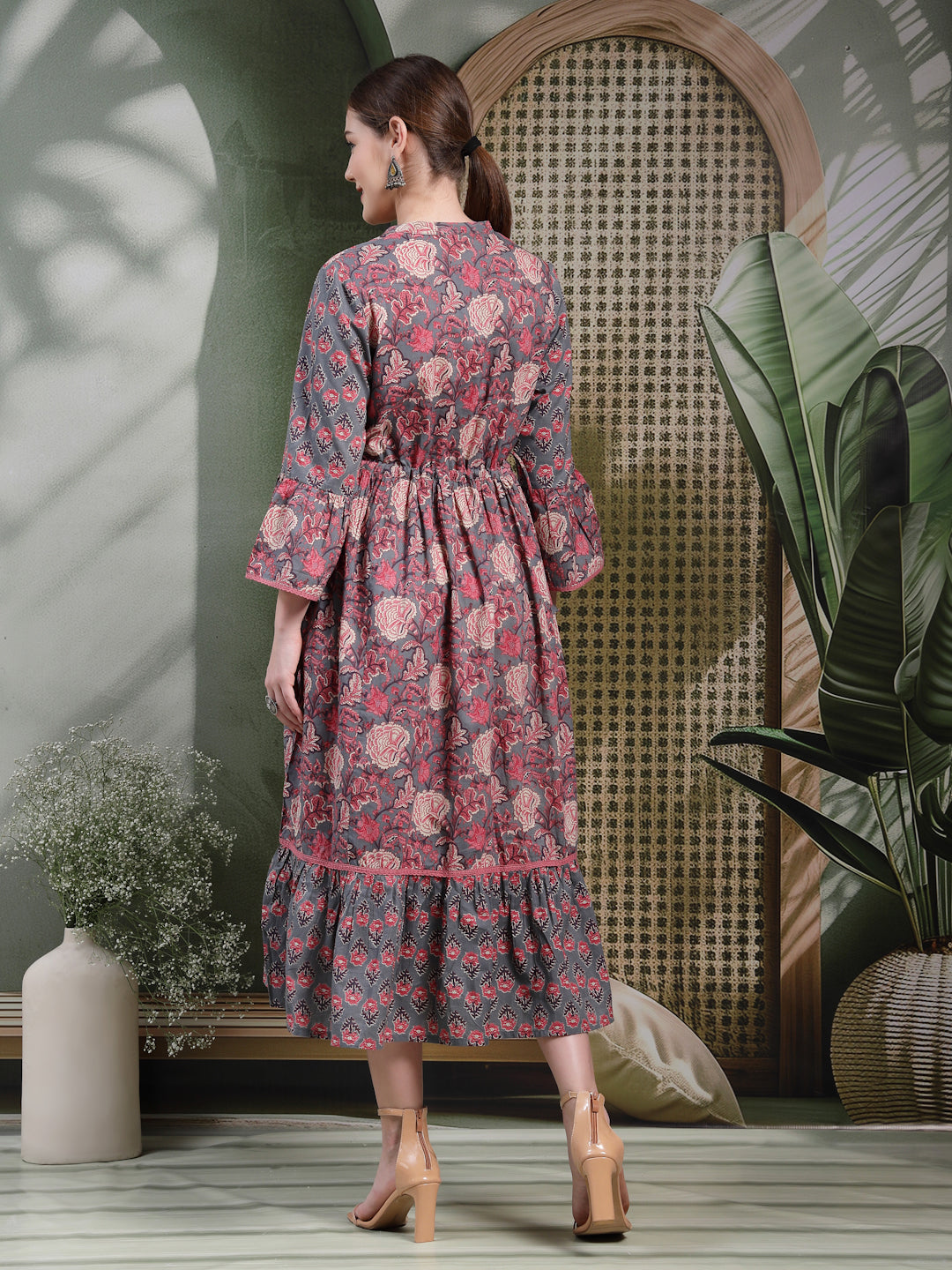 Floral Printed Cotton Cambric Flared Dress