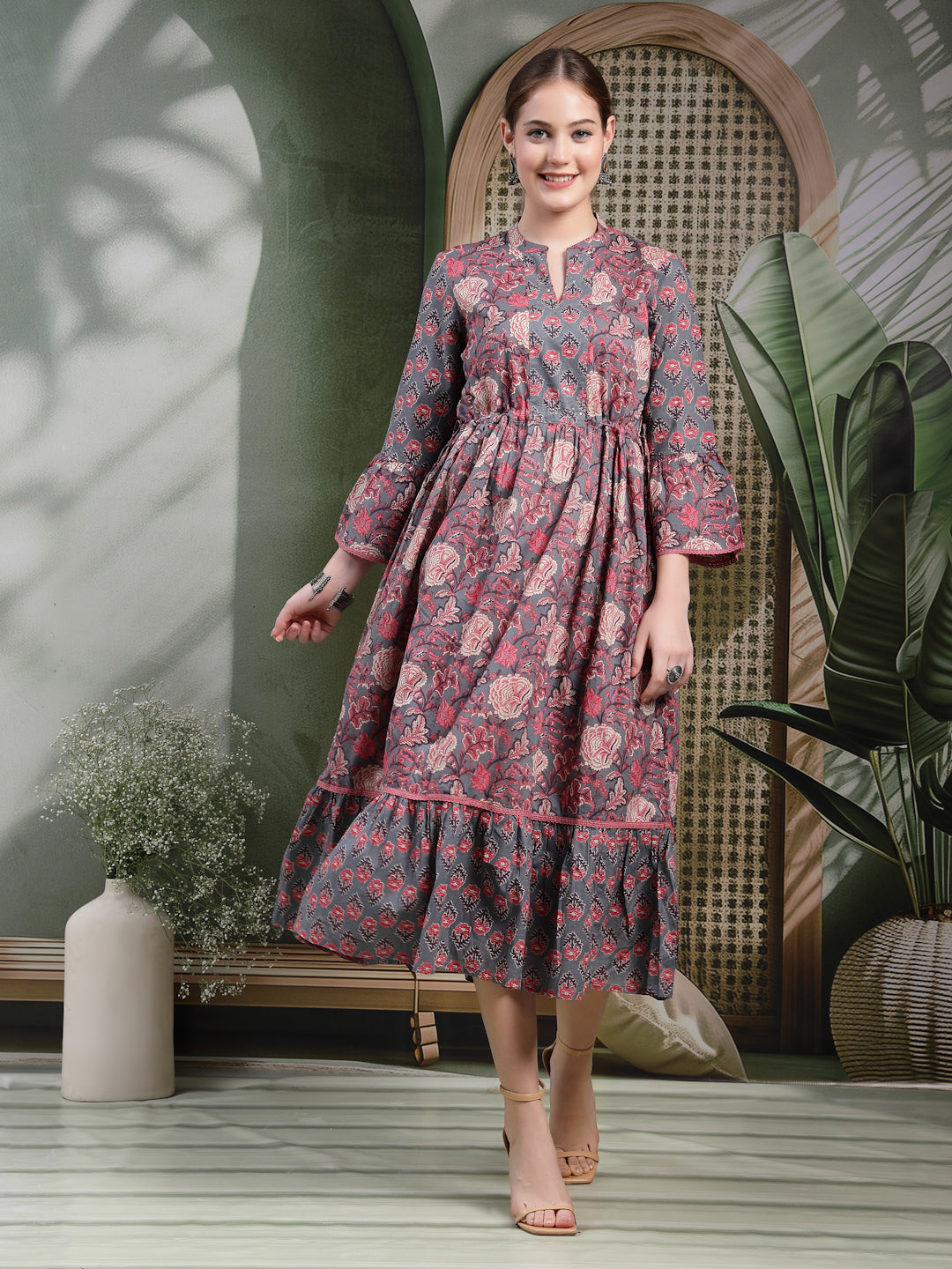 Floral Printed Cotton Cambric Flared Dress