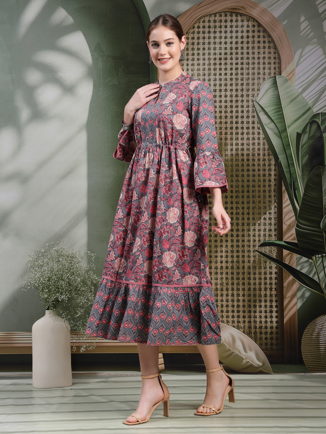 Floral Printed Cotton Cambric Flared Dress