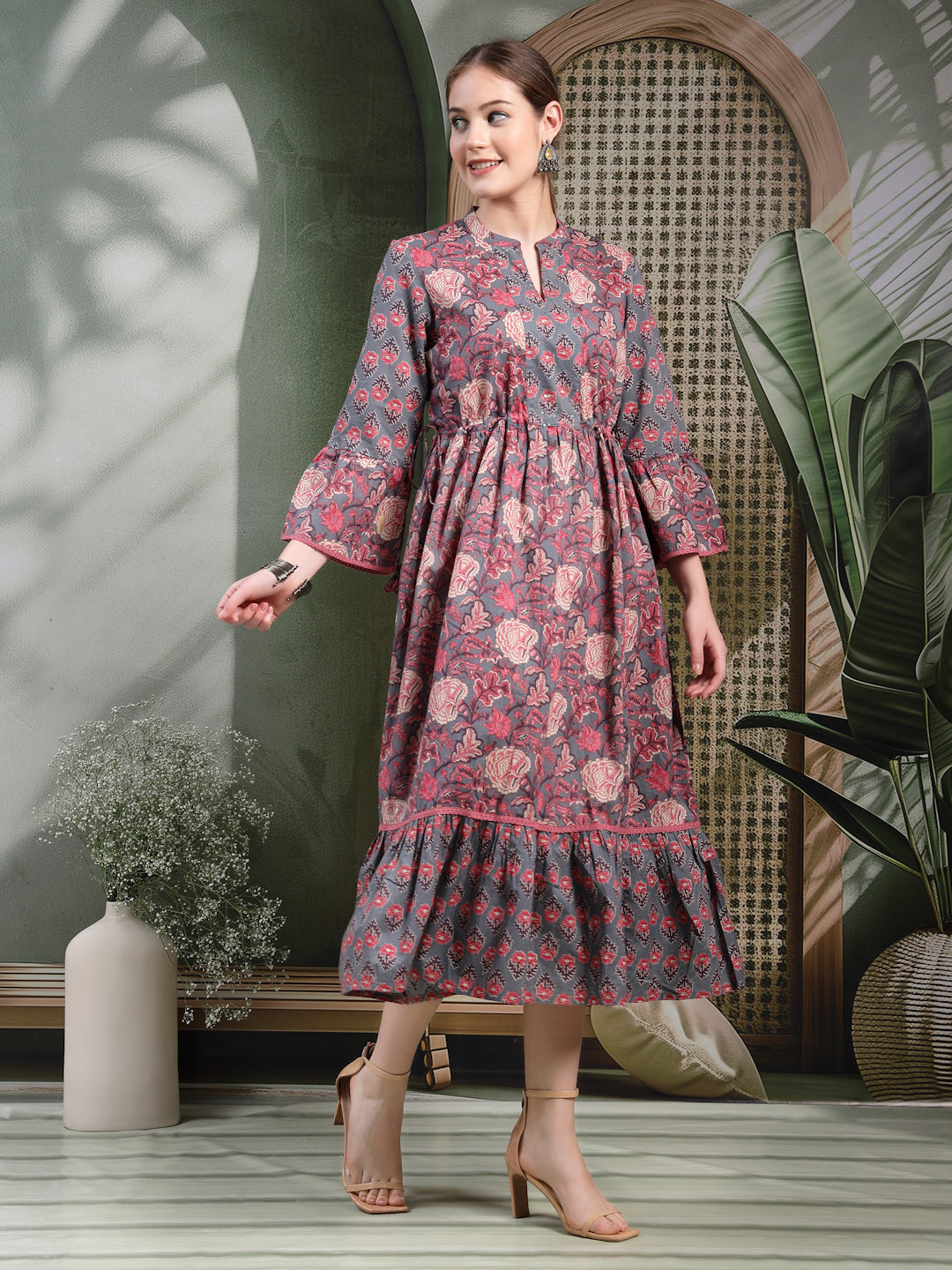 Floral Printed Cotton Cambric Flared Dress