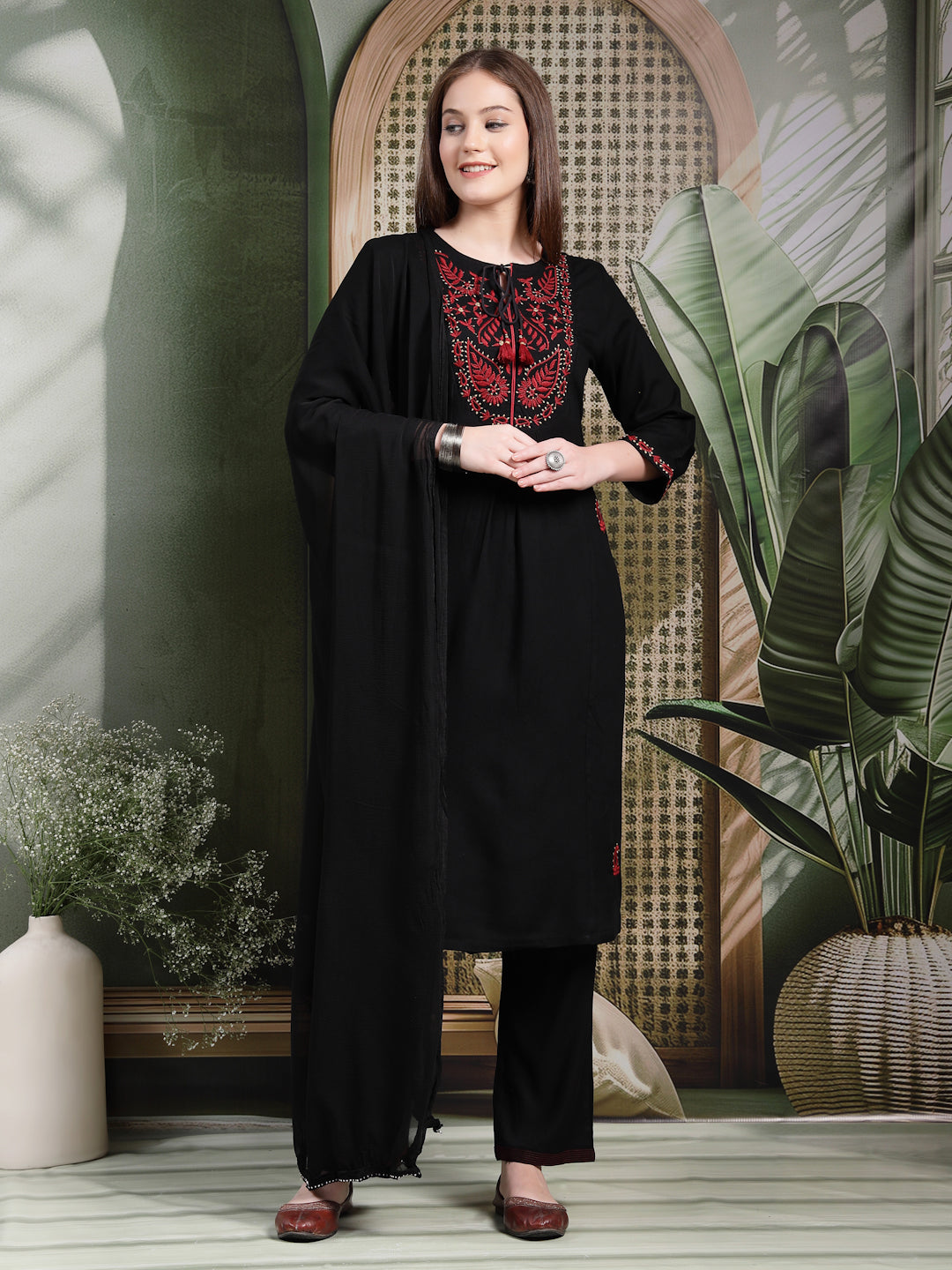 Solid A-Line Rayon Kurta Set with Embroidery and Chiffon Dupatta
