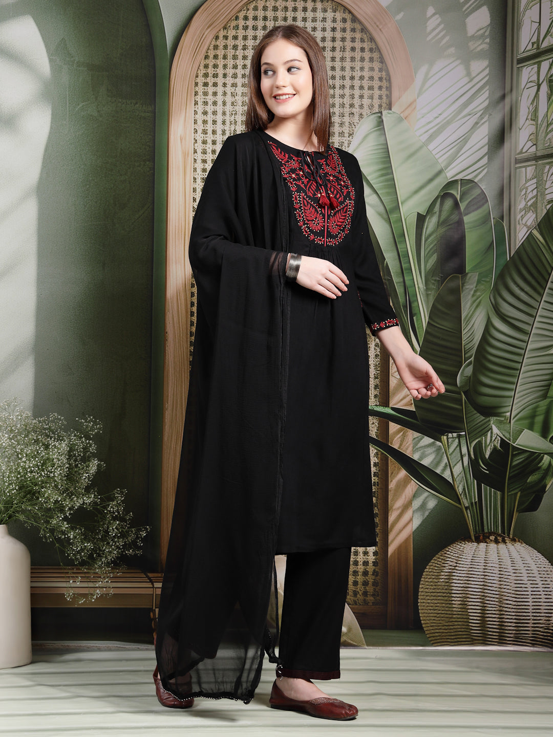 Solid A-Line Rayon Kurta Set with Embroidery and Chiffon Dupatta