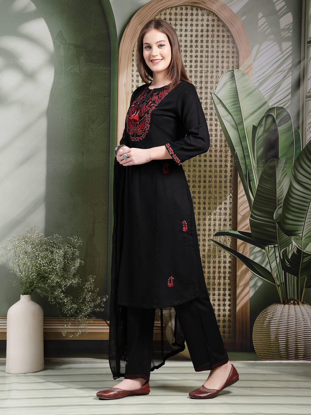 Solid A-Line Rayon Kurta Set with Embroidery and Chiffon Dupatta