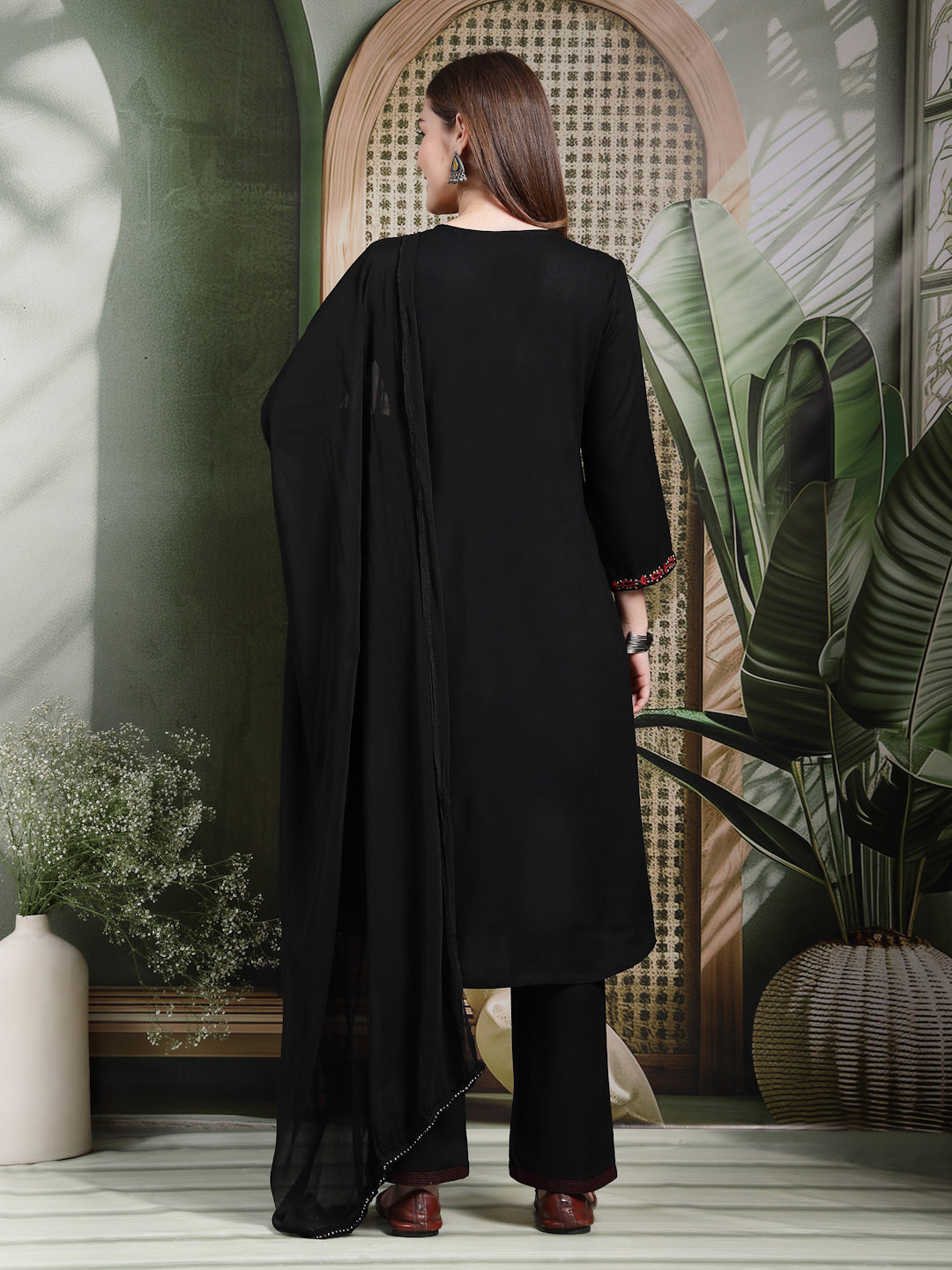 Solid A-Line Rayon Kurta Set with Embroidery and Chiffon Dupatta