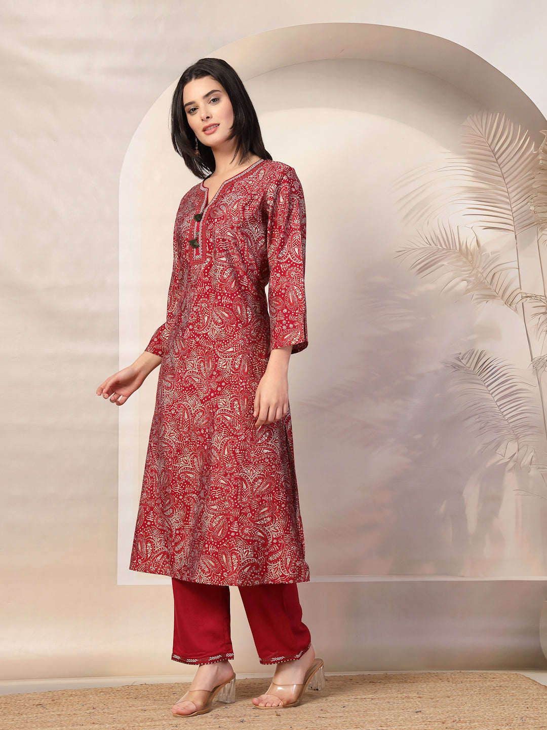 Paisley Printed Straight Calf Length Kurta with Embroidered Palazzo