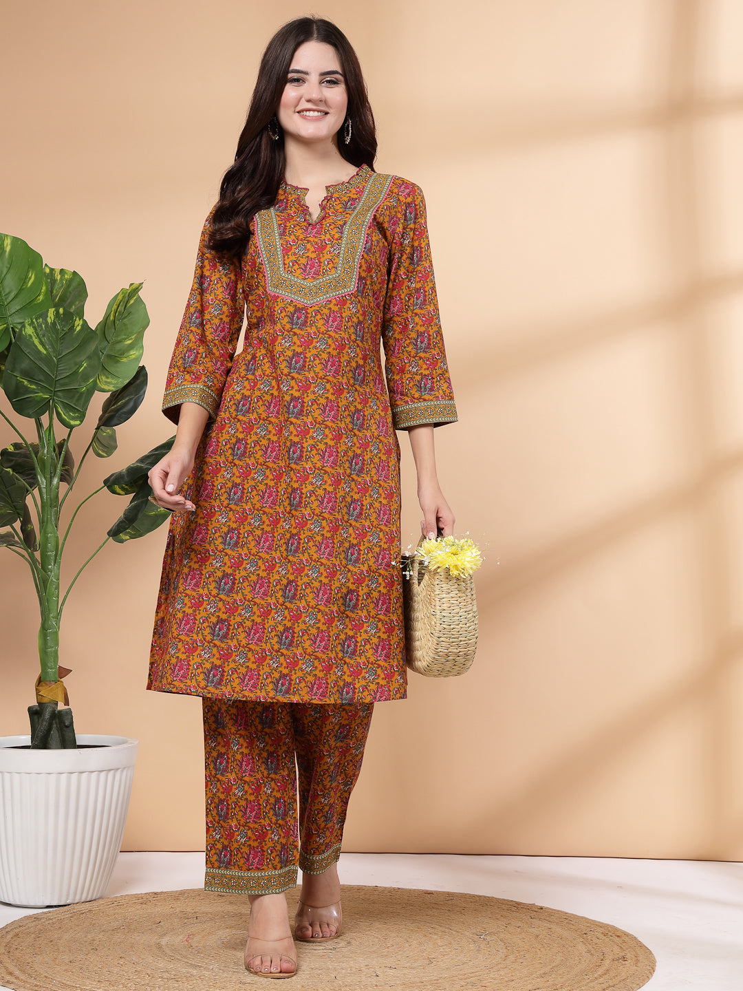 Floral Printed Cotton Kurta With Palazzo Co-Ord Set