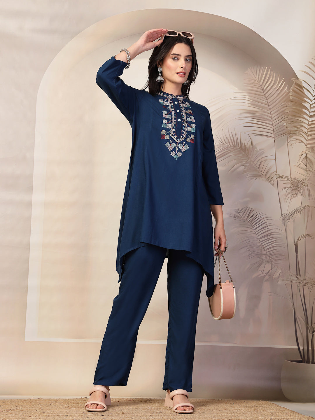 Solid Viscose Rayon Kurta Set with Ethnic Embroidery