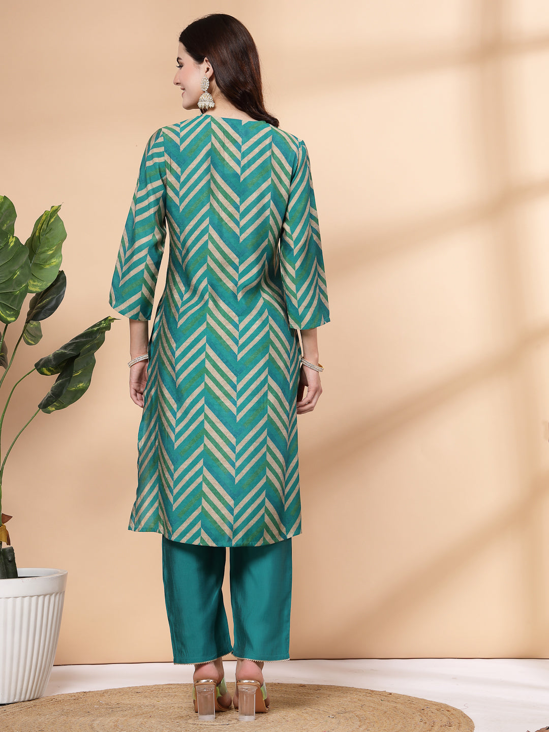 Printed Modal Chanderi Kurta With Embroidery And Solid Palazzo