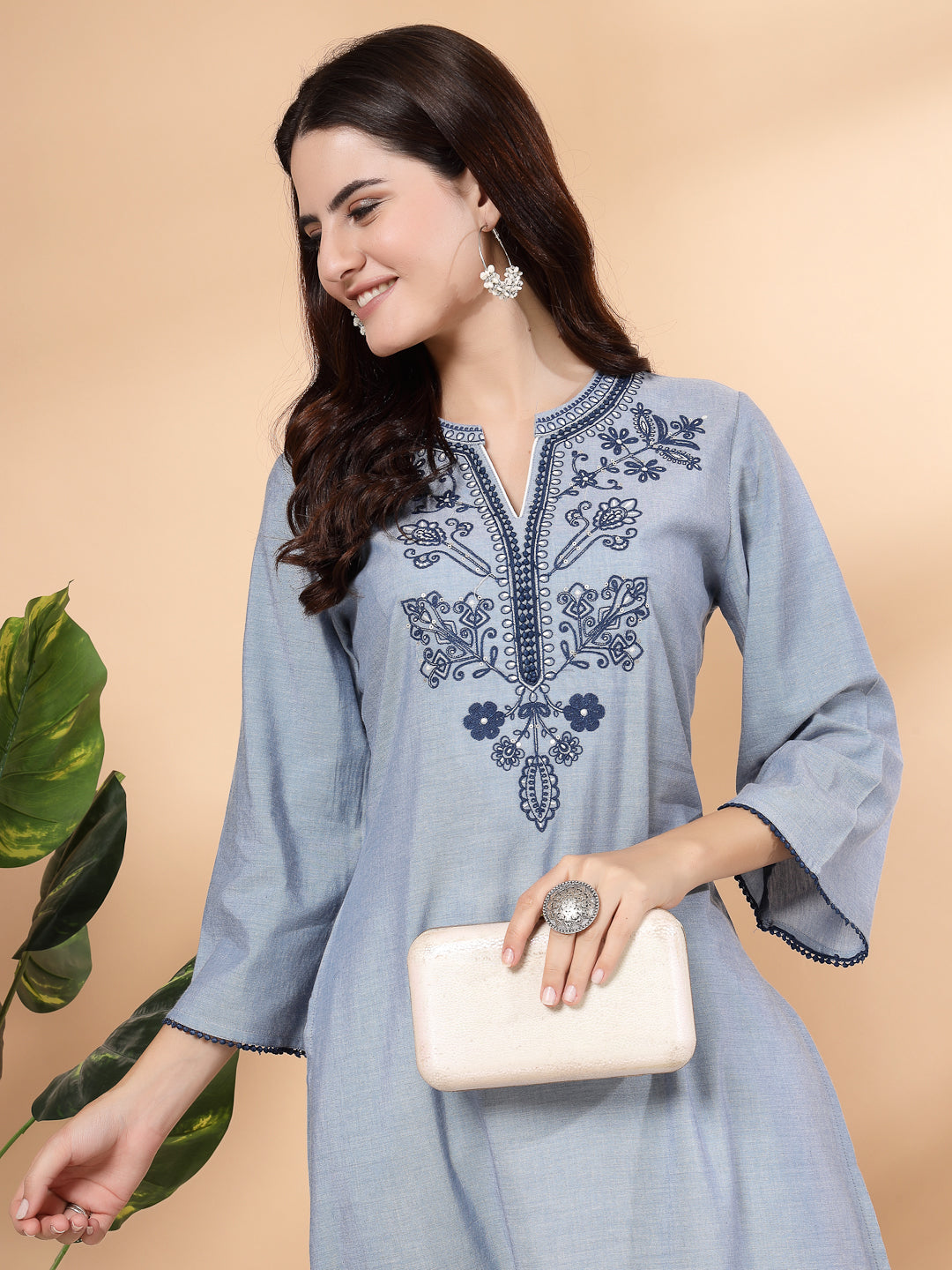 Women&#39;S Solid Chambray A-Line Kurta