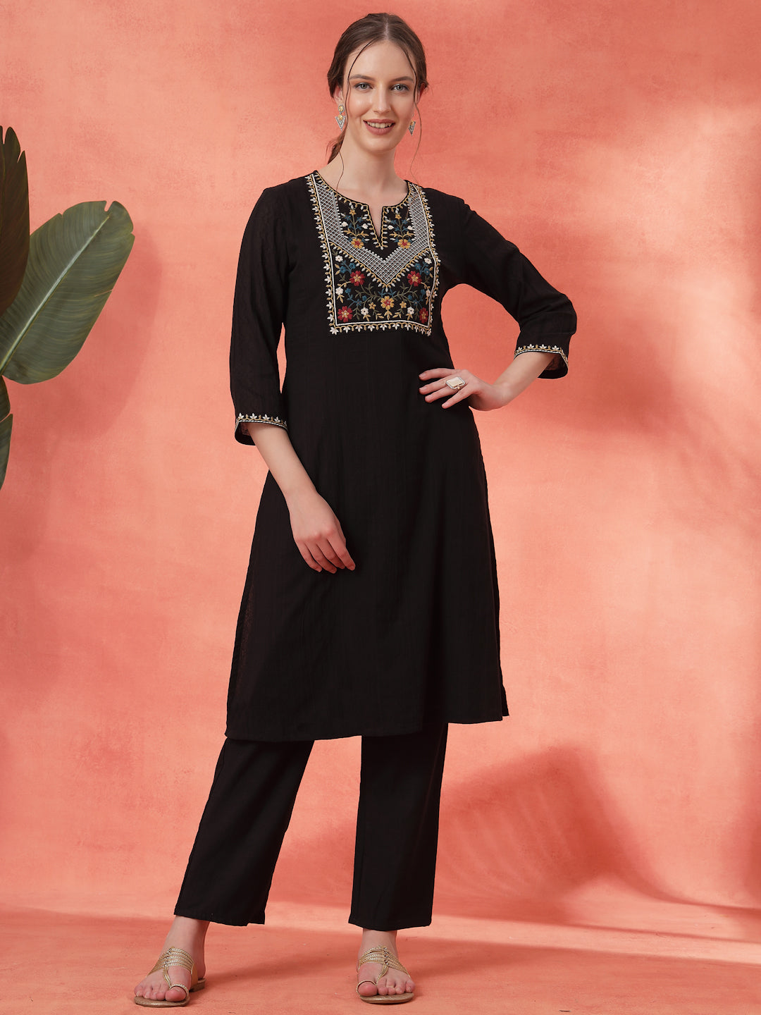 Solid Straight Cotton Cambric Kurta Set with Ethnic Embroidery