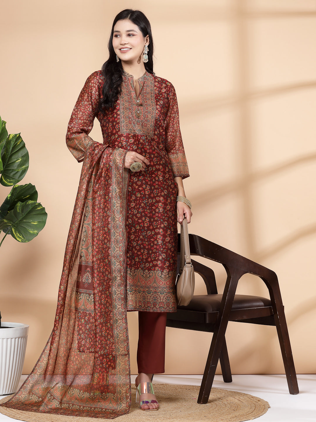 Floral Printed Poly Chanderi Kurta And Palazzo Set With Dupatta