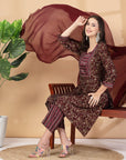 Floral Printed Regular Thread Work Kurta With Trouser & Dupatta