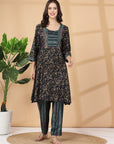 Floral Printed Regular Thread Work Kurta With Trouser & Dupatta