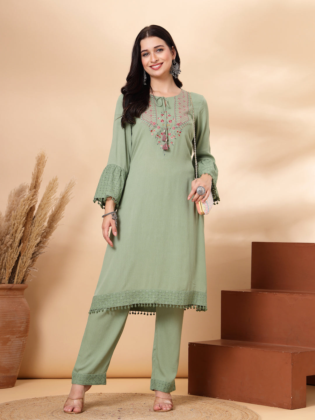 Solid Straight Rayon Kurta with Ethnic Embroidery and Palazzo Set