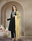 Velvet Zari-Embroidered Kurta Set with Palazzo & Banarasi Dupatta