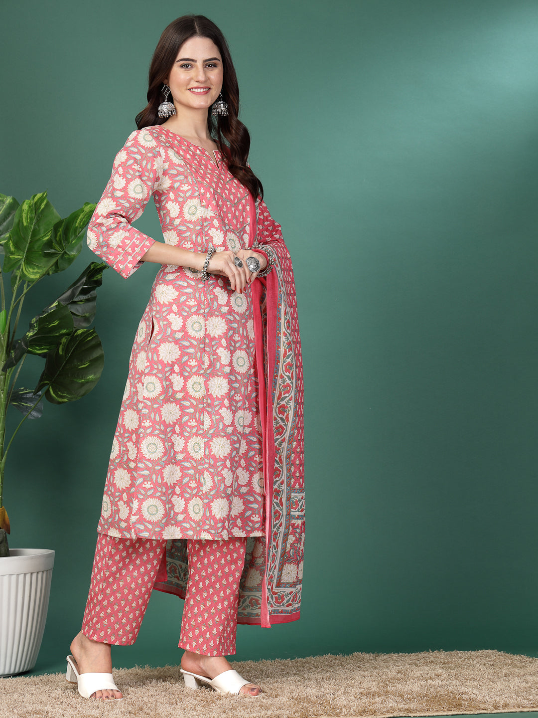 Floral Printed A-Line Kurta Set With Dupatta