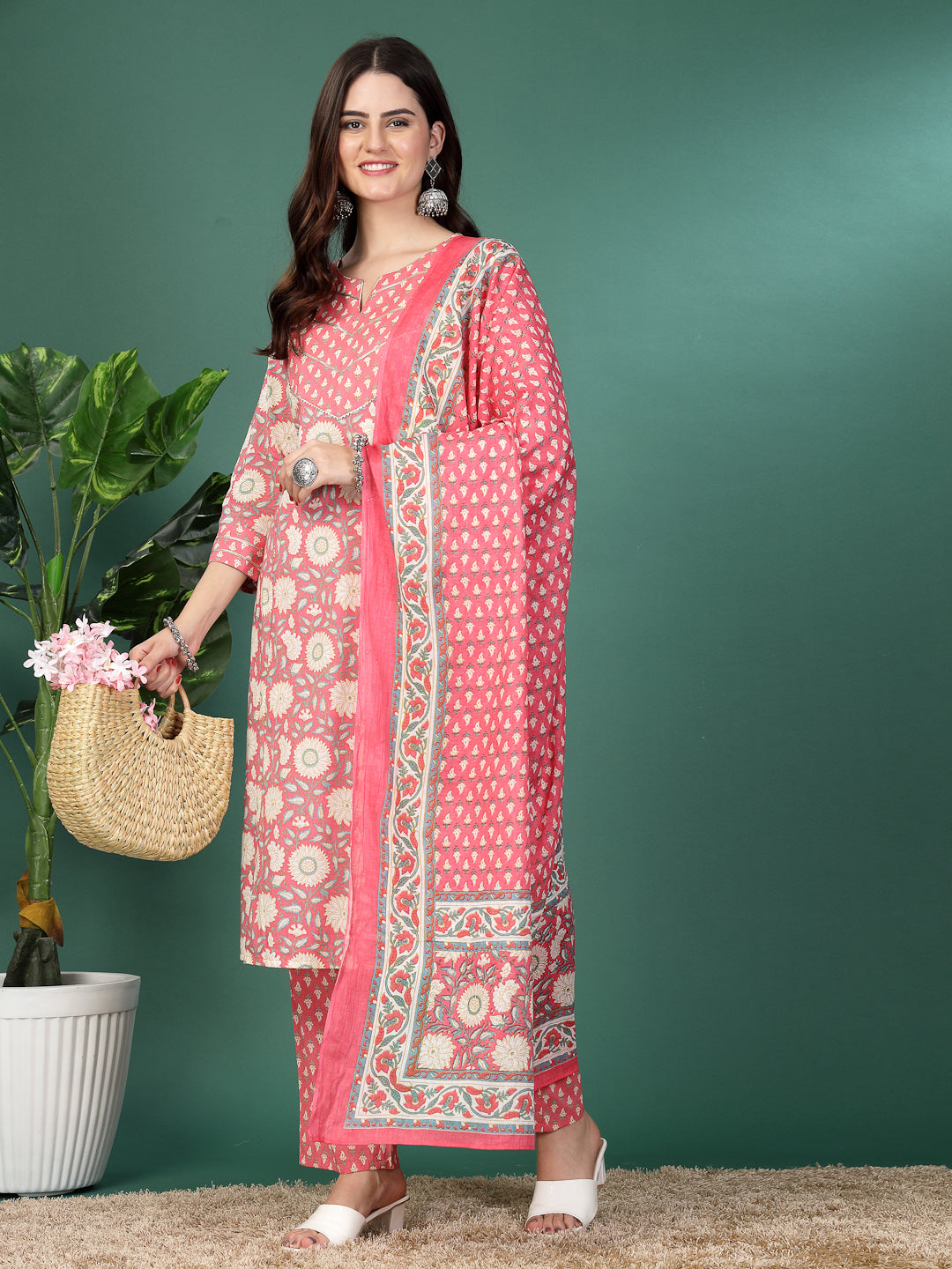 Floral Printed A-Line Kurta Set With Dupatta