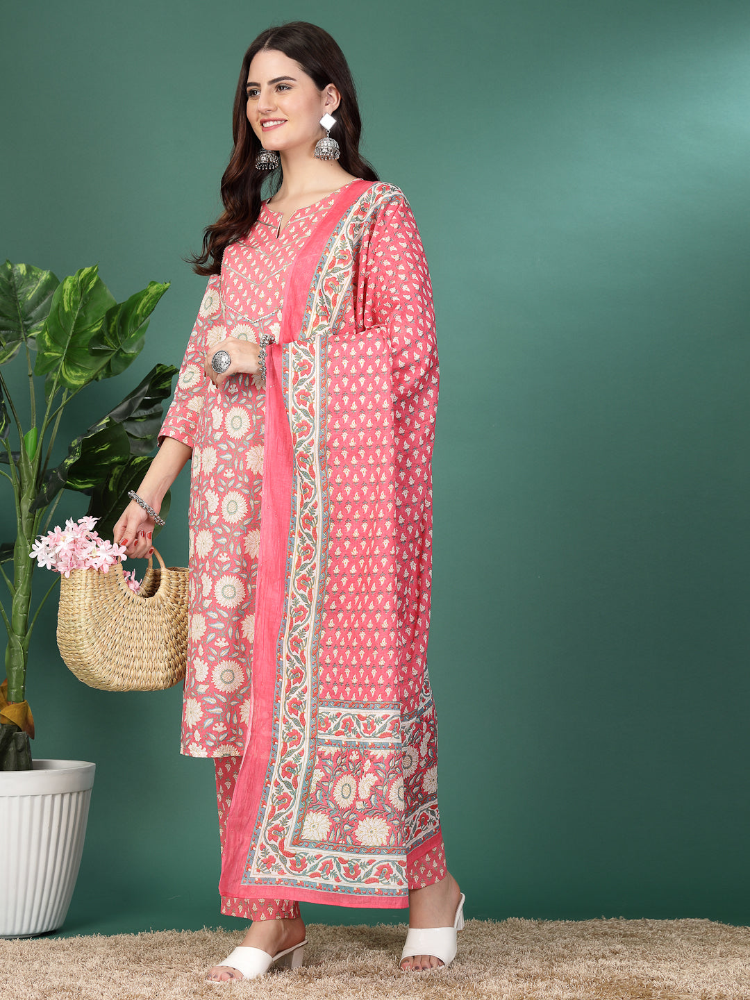 Floral Printed A-Line Kurta Set With Dupatta