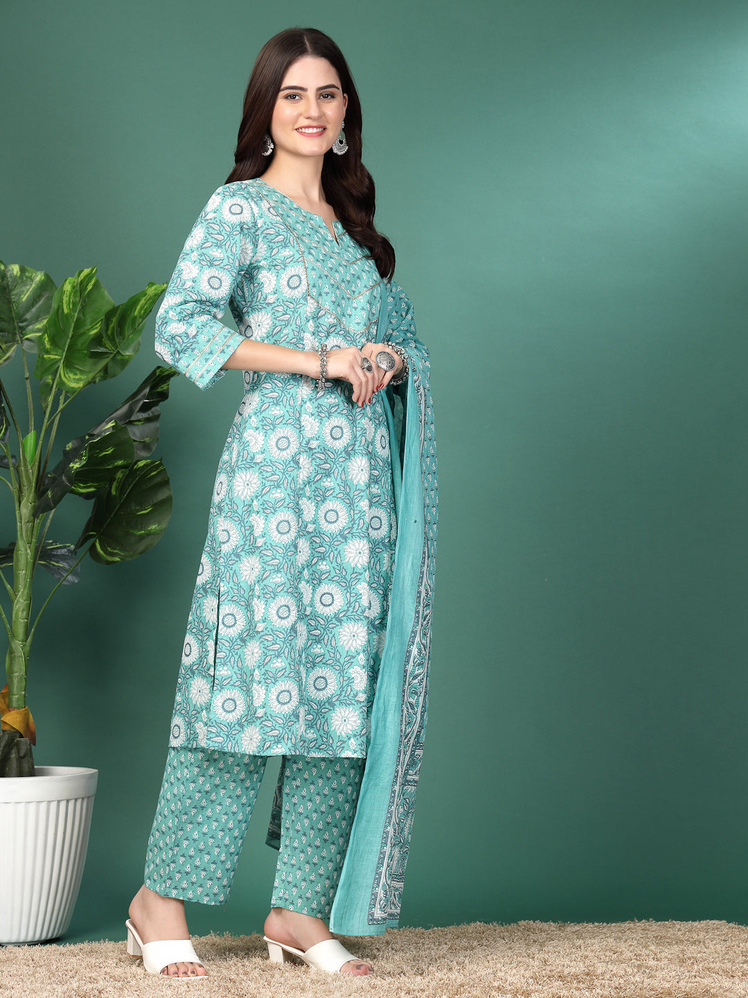 Floral Printed A-Line Kurta Set With Dupatta