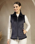 Velour Fur Sleeveless Jacket with Structured Collar & Zipper Closure