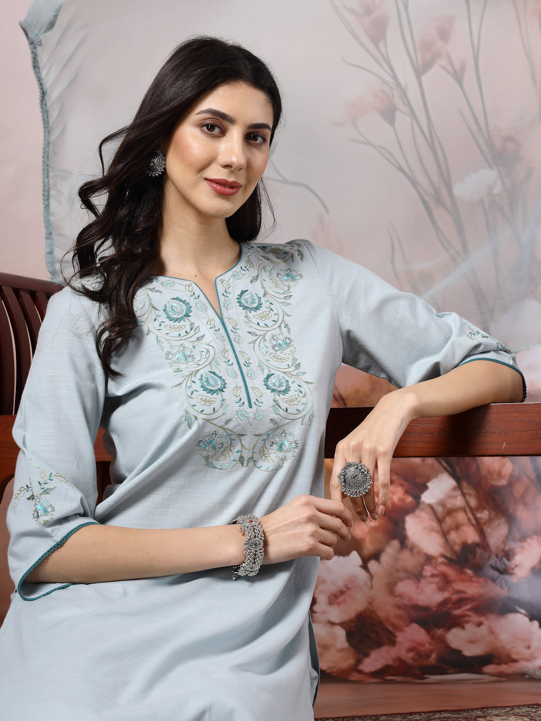 Cotton Kurta with Kimono Sleeves, Embroidered Afghani Salwar &amp; Lace Dupatta