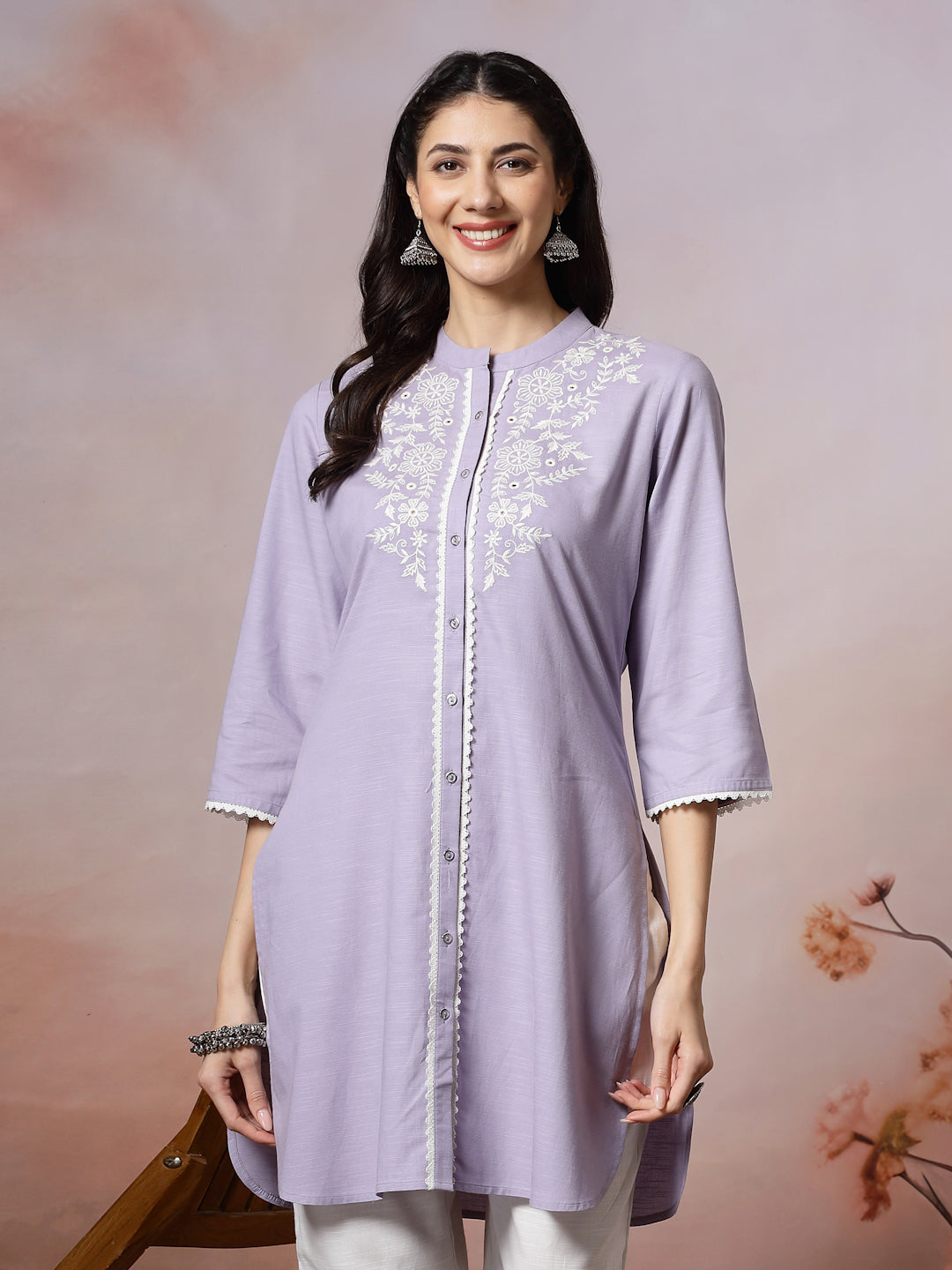 Solid Straight Cotton Blend Kurta Set with Ethnic Embroidery &amp; Lace Detail