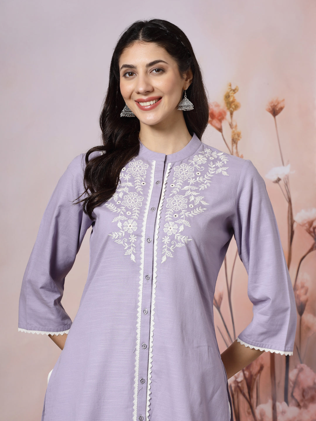 Solid Straight Cotton Blend Kurta Set with Ethnic Embroidery &amp; Lace Detail