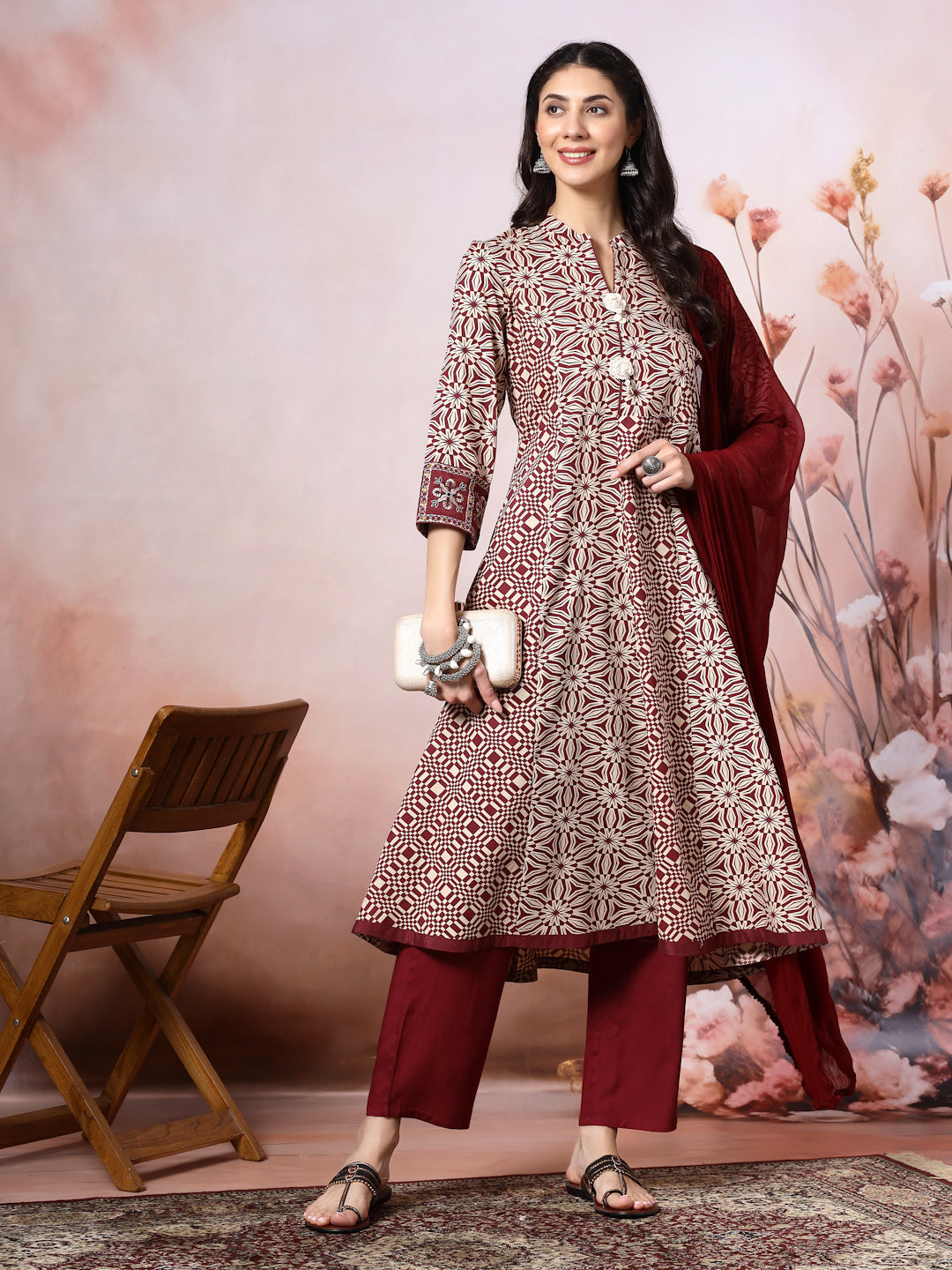 Floral Rayon Kurta Set with Crochet Detail, Embroidered Sleeves &amp; Lace Dupatta