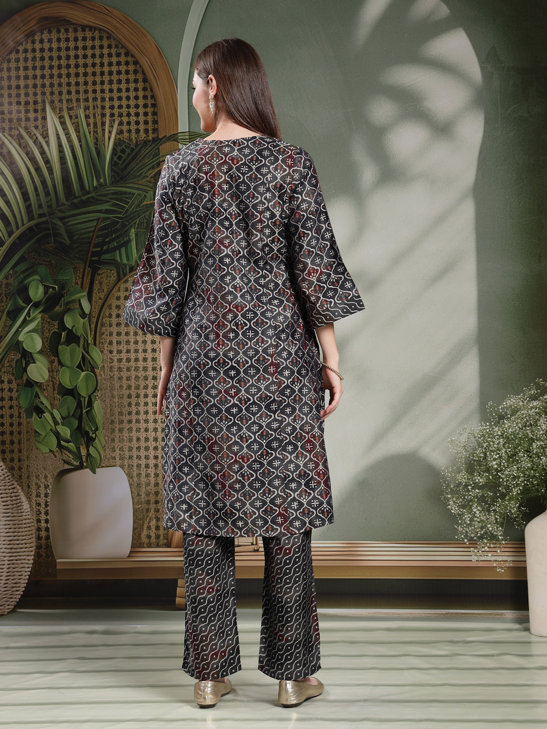 Ethnic Motif Printed Modal Chanderi Kurta Set with Bandhani Printed Palazzo