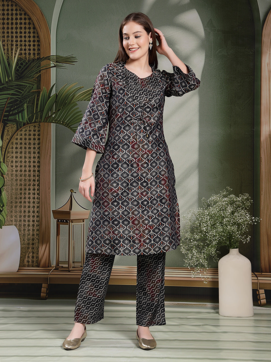 Ethnic Motif Printed Modal Chanderi Kurta Set with Bandhani Printed Palazzo