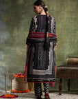 Printed Linen Kurta Set with Mirror Embroidery & Striped Dupatta