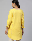 Yellow & Pink Floral Embroidered Pure Cotton Kurti