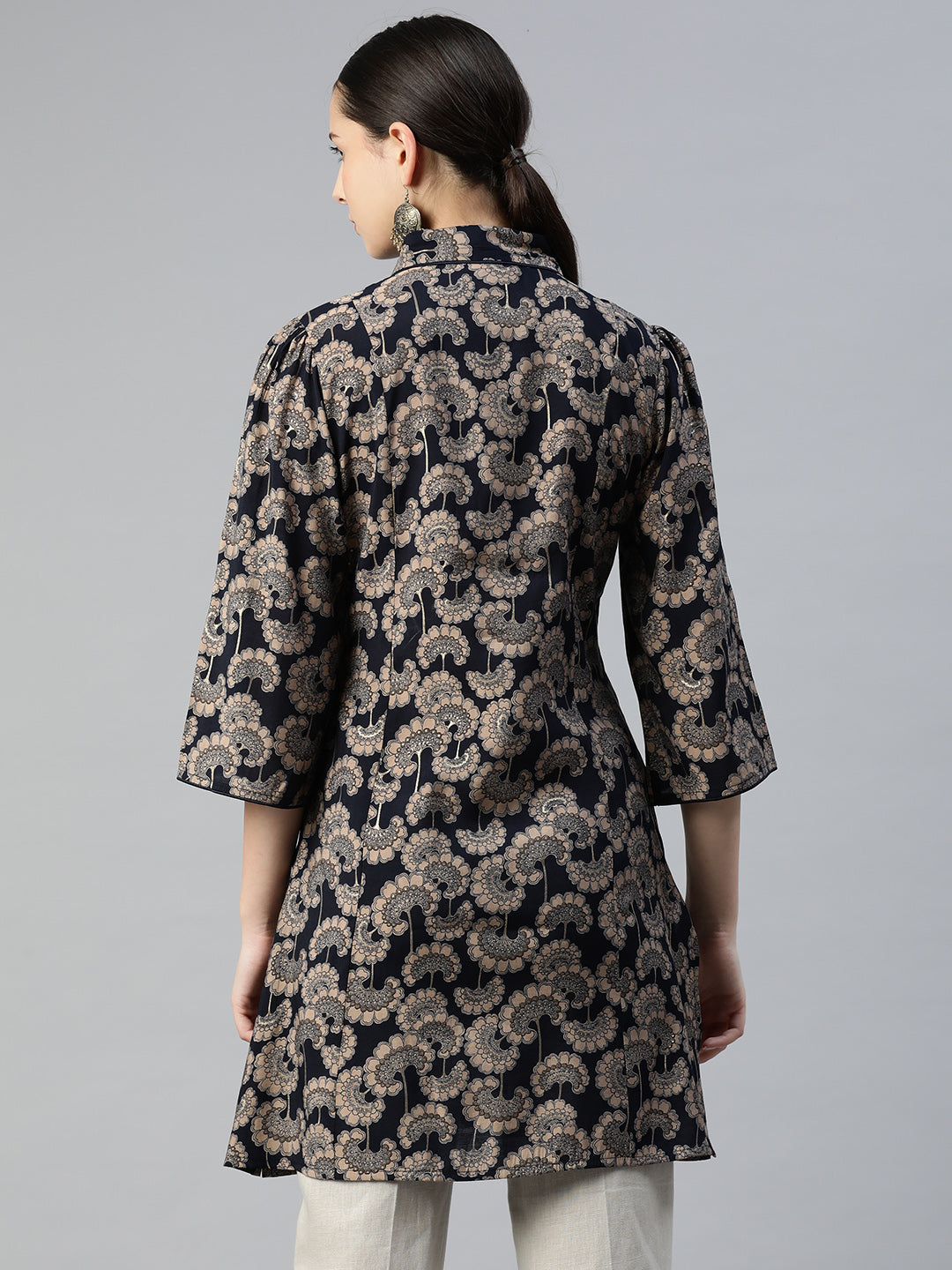 Floral Printed A-Line Modal Chanderi Tunic with Shirt Collar