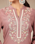 Rayon Kurta Set with Embroidered Mandarin Collar, Full Sleeves & Stitched-Hem Palazzo