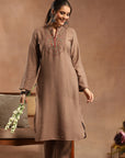 Solid Kurta Set with Ethnic Embroidery, Mandarin Collar & Lace Hem Palazzo