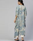 Floral Printed Flared Sleeves Thread Work Kaftan Kurta