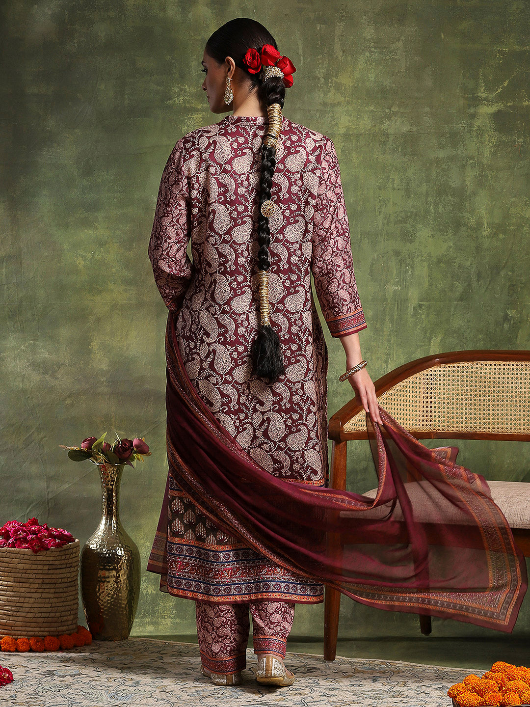 Paisley Wool Blend Kurta Set with Swarovski Detailing &amp; Chiffon Dupatta