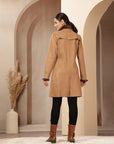 Suede Long Coat with Fur Collar & Sleeve Detailing