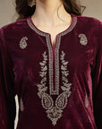 Velvet Kurta Set with Zari Neck, Gotta Accents & Banarasi Dupatta