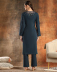 Denim Wool Kurta Set with Thread Embroidery & Palazzo