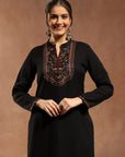 Solid Kurta Set with Ethnic Embroidery, Mandarin Collar & Lace Hem Palazzo
