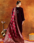 Velvet Zari-Embroidered Kurta Set with Bell Sleeves, Palazzo & Banarasi Dupatta