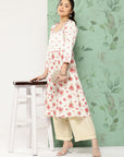 Floral Printed Sweetheart Neck Cotton Linen Kurta